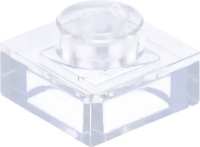 A single, transparent LEGO brick is shown from a slightly elevated diagonal angle against a white background.