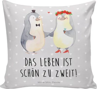 Produktbild von Mr. & Mrs. Panda kissen bedruckt Pinguin Heirat - Grau Pastell - Geschenk, Hochzeit, zier, Just Married, für couch, Paar, kuschelkissen 40x40, Gemütliches, Braut, Mann