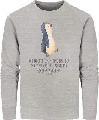 Produktbild von Mr. & Mrs. Panda Baumwoll Pullover Pinguin marschieren Größe L - Heather Grey - Geschenk, Sweater, Pinguine, Sweatshirt, Pulli, Familie, Unausgeschlafen, Bruder