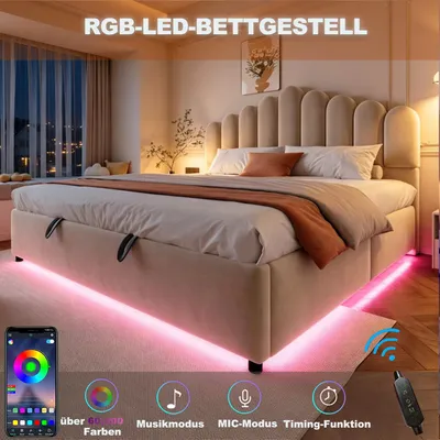Produktbild von okwish Polsterbett 180×200 mit LED-Lichtleiste,Jugendbett mit hydraulischem Stauraum,Samtstoff,Doppelbett in Beige,ohne Matratze