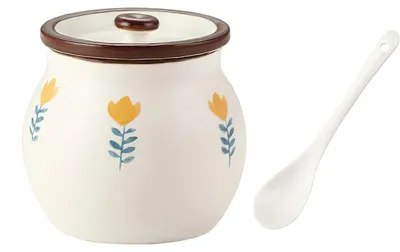 Produktbild von Zuckerdose mit Deckel und Löffel, Keramik Salztopf Gewürzbehälter Gewürzgläser, 400ml, Gelbe Blumen