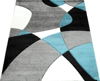 Image de Tapis design moderne Motifs géométriques Contours découpés Turquoise Gris Noir Dimensions 200 x 290 cm