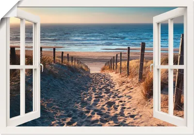Produktbild von Olha Rohulya: Fensterblick - Weg zum Nordseestrand in Gold Sonnenuntergang Sonnenschein Nordholland Niederlande, Produkt:Poster, Größe (HxB):50x70 cm / Poster
