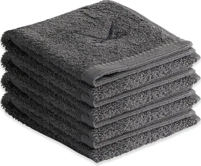 A stack of folded gray towels.
