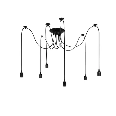 A black spider-like pendant light fixture with multiple cords and sockets, suspended against a white background.