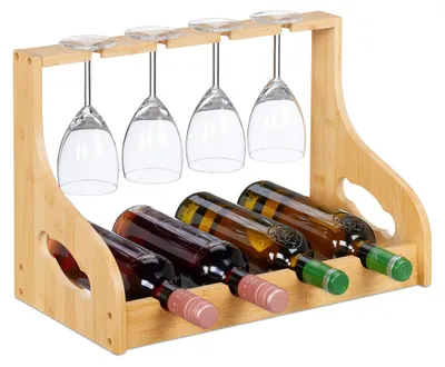Weinregal mit Gläserhalter für 4 Flaschen & 6 Gläser, Bambus, 30x44,5x23,5 cm
