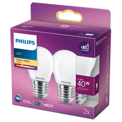 Produktbild von Philips Filament-Kerzenlampe, Milchglas, 40W, P45, E27 x2, 4,3 W, 40 W, E27, 470 lm, 15000 h, Warmweiß