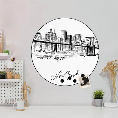 Produktbild von Design Stahlmagnettafel Schwarz Rund 47cm New York Skizze