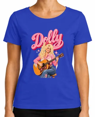 Immagine prodotto di Maglietta da donna, blu, taglia M, con la scritta "Dolly Parton", cantante di musica country, immagine di una chitarra, tema cowgirl, stile western, retrò