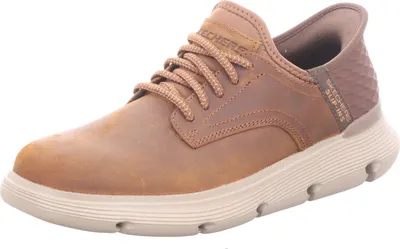 A single brown Skechers men's sneaker is shown from a side angle against a white background.