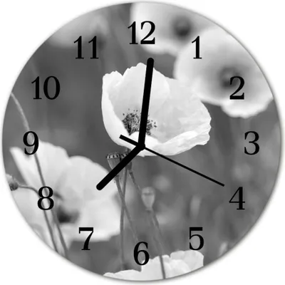 Produktbild von Glasuhr Wanduhr Küchenuhr Echt-Glas 30fi cm Mohnblumen schwarz-weiß