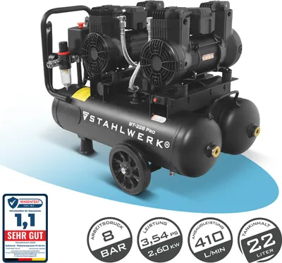 Produktbild von STAHLWERK Kompressor mit 22 L Tank (ST-228 Pro) – ölfrei, 8 bar, Druckluftkompressor, Brushless-Motoren, 3,54 PS, 2,6 kW, 410 l/min, Silent-Kompressor