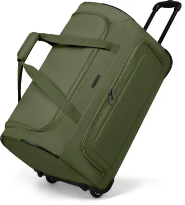 A green duffle bag with wheels and handles, shown at an angle against a white background.