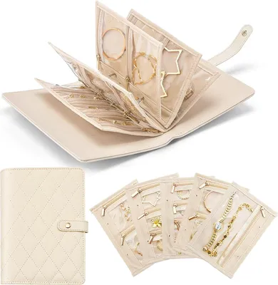 Produktbild von Schmuckkästchen Reise, Schmuckaufbewahrung Schmucktasche mit 5 Samtbeuteln, Schmuck Organizer Reiseetui für Ohrringe Halsketten Armbänder, Schmuckkasten für Damen Mädchen, Creme Weiß
