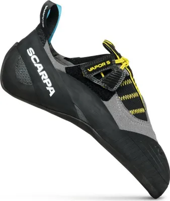 Kletterschuh "Vapor S" von Scarpa; schwarz-grau mit gelben Akzenten und Schnellschnürsystem.