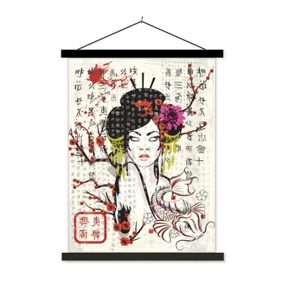 Produktbild von MuchoWow® Textilposter Japanische Illustration traditionelle Frau 90x120 cm mit schwarzem Rahmen - Dekoration