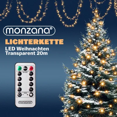 Obrázek produktu pro MONZANA® 200 LED pohádkových světel 20m vánoční stromek venkovní vnitřní časovač 8 režimů stmívatelné dálkové ovládání IP44 dekorace oken vánoční teplá bílá průhledná