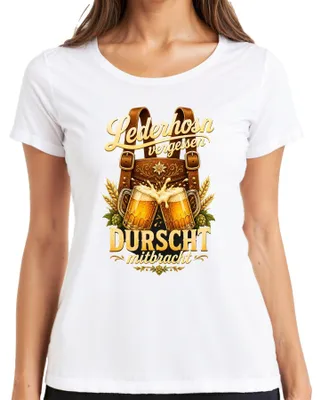 Zdjęcie produktu dla Zapomniałeś lederhosen? Weź ze sobą DURSCHT. . Lederhosen. Dirndl. Damska koszulka, biała, rozmiar L
