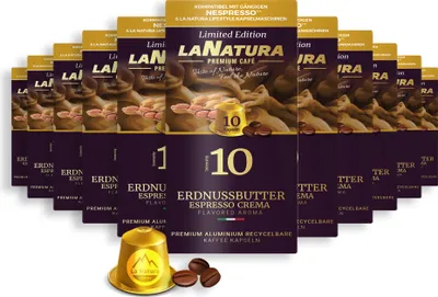 Produktbild von Erdnussbutter Espresso Crema Premium Kaffee - 110 Kaffeekapseln | La Natura Lifestyle Organic 616g| biobasiert | Nespresso®*³ kompatible