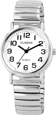 A close-up studio shot of a silver women's watch with a white face and a stretchy band.