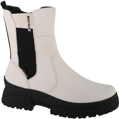 A white Chelsea boot with a black sole and black elastic side panels.