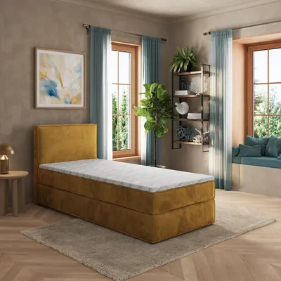 Produktbild von Masseno Boxspringbett PELLIO 90x200 cm Komplett-Set mit Bonell Matratze und Topper, Polsterbett mit Bettkästen -Gelb, MONOLITH 48