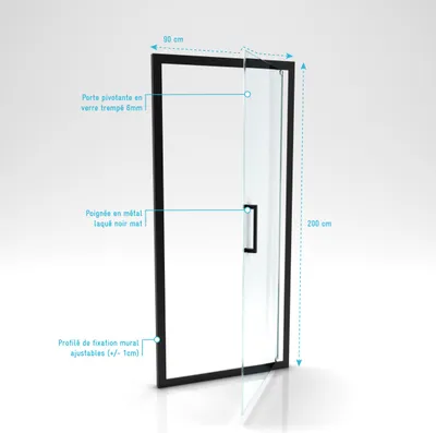 Image de Porte de douche pivotante - 90x200 cm - Profilés Noir Mat - verre trempé 6 mm - CRUSH