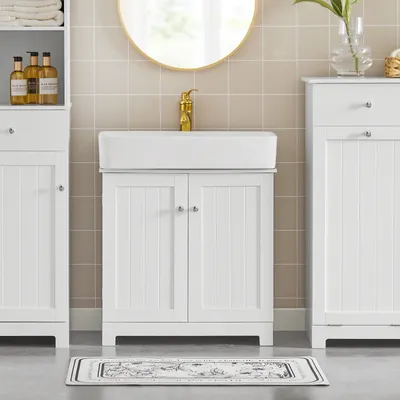 Produktbild von SoBuy Waschbeckenunterschrank - Badschrank mit Türen und verstellbaren Regalböden - Badmöbel aus MDF, Unterschrank für kleines Badezimmer Weiß BZR18-W