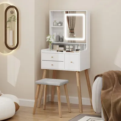 Productafbeelding van Make-uptafel met LED-spiegel en krukje, 3 lichtkleuren, 3 lades, 5 planken, 60 cm, wit