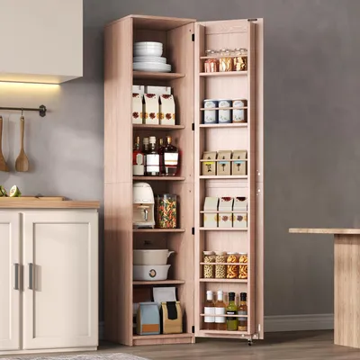 Produktbild von Merax Hochschrank Küchenschrank mit Türablagen, Vorratsschrank mit verstellbaren Böden, schmaler Aufbewahrungsschrank für Küche/Wohnzimmer, Natur