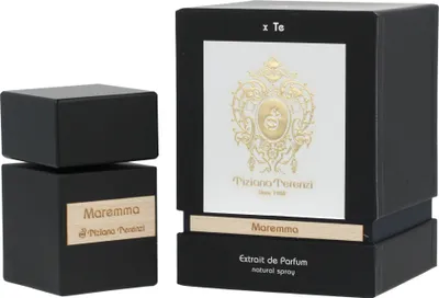 A black perfume bottle and its matching black box are displayed side-by-side on a white background.