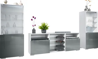 Produktbild von Vladon Wohnwand Granada, Anbauwand bestehend aus 2 Vitrinen und 1 TV-Board, Weiß matt/Grau Hochglanz (286 x 122,5 x 35 cm)
