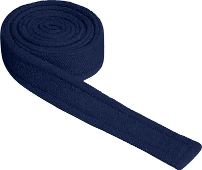 A rolled-up navy blue belt for a bathrobe.