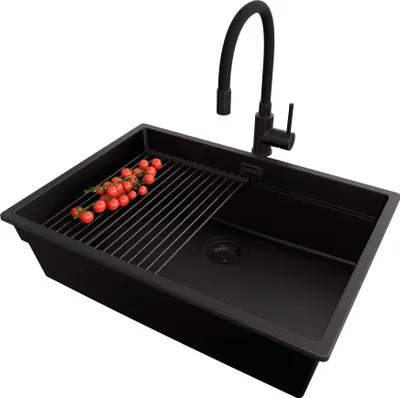 Produktbild von PRIMAGRAN Granitspüle Alles Schwarz 66x47cm, Spülbecken 1 Becken + Ablauf-Set + Küchenzubehörset, Küchenspüle ab 70er Unterschrank - Praga Slim