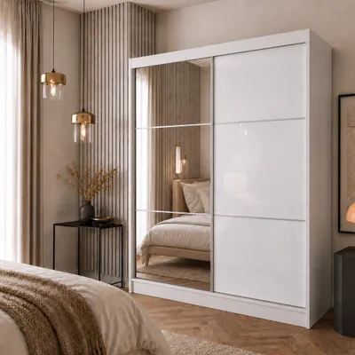 Produktbild von Schrank mit Schwebetüren VIVA 200cm - Kleiderschrank mit Schubkasteneinsätze & Kleiderstangen (Weiß)