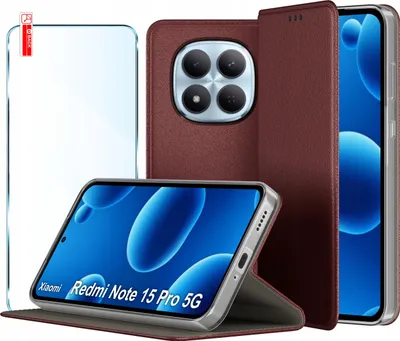Zdjęcie produktu dla Etui Skórzane Zamykane MAGNETYCZNE do Xiaomi Redmi Note 15 Pro 5G + SZKŁO
