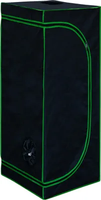 A black grow tent with green trim and a ventilation fan opening.