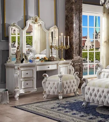 Produktbild von Geschnitzte Barock Möbel Schminktisch Hocker Spiegel Schlafzimmer Kommode 3tlg.