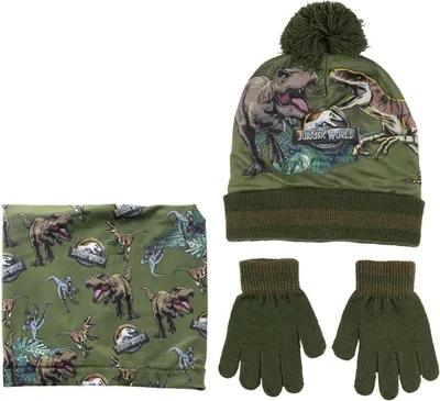 Produktbild von Mütze, Handschuhe und Halstuch Jurassic Park 3 Stücke Dunkelgrün