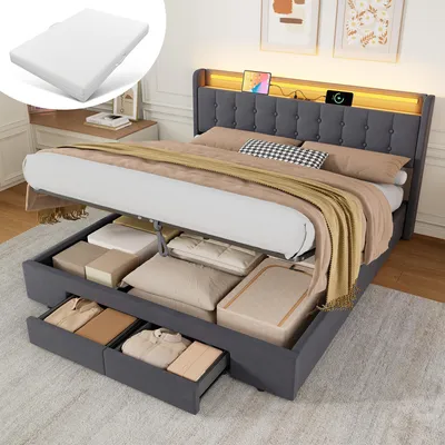 Produktbild von MODFU Polsterbett 180x200 Jugendbett mit Matratze,LED-Licht und Steckdosen,Boxspringbett Bettgestell mit Schubladen und Bettkasten,Stauraumbett,Grau