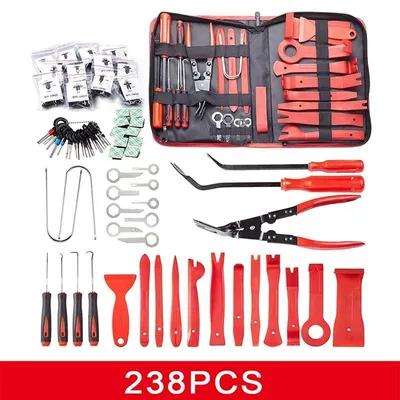 Immagine prodotto di Set di attrezzi per rivestimenti e pannelli auto - Set di attrezzi per lo smontaggio e con leva - Estrattore per clip e elementi di fissaggio - Per autoradio e interni - Set in custodia - Rosso