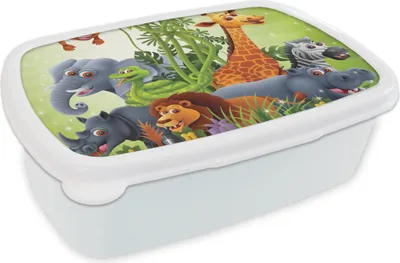 Produktbild von KitchenYeah® Lunchbox Brotzeit Brotdose 17x11 cm Dschungeltiere - Pflanzen - Kinder - Elefant - Giraffe - Löwe Kinder Brotzeitdose - Lunch Box - Kinder - Sandwich-Box - Schulbox - Lunch Boxen