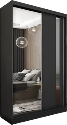 A bedroom scene reflected in the mirrored doors of a black sliding door wardrobe.