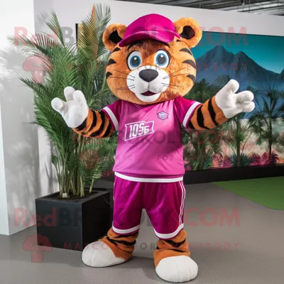Produktbild von Magenta-Tiger REDBROKOLY Maskottchen kostüm gekleidet in ein Poloshirt und Mützen