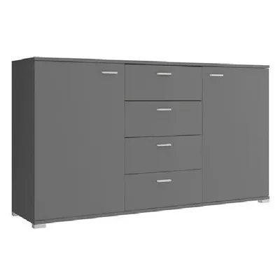 A grey sideboard with drawers and doors, presented on a white background.