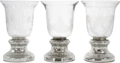 Produktbild von FURNARO Pokalglas Alhambra  3er Set Dekoglas aus Klarglas mit feinem Schliff und silberfarbenem Standfuß, 19,5 cm hoch, edle Windlichter für stilvolle Tischdeko