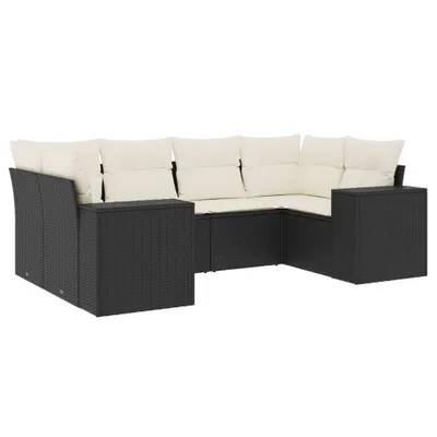 Produktbild von Modulares Garten-Sofa-Set, 6-teilig, mit Stauraum, Poly Rattan Schwarz, UV-beständig, Cremeweiße Kissen, abnehmbare Bezüge