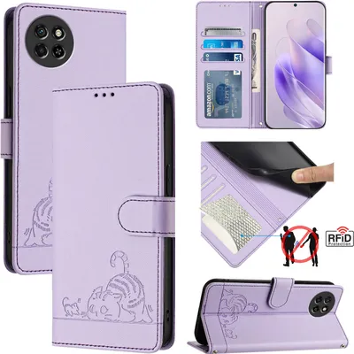 Produktbild von Leder Hülle für itel S23 Süße Katze Flip Case Brieftasche Schutzhülle mit Standfunktion Lila