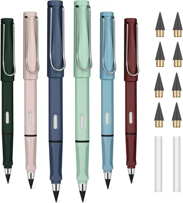 Imagen del producto de Juego de 6 bolígrafos recargables sin tinta, diseño ergonómico, con 2 gomas de borrar y 8 puntas de repuesto, ideales para oficina y uso general