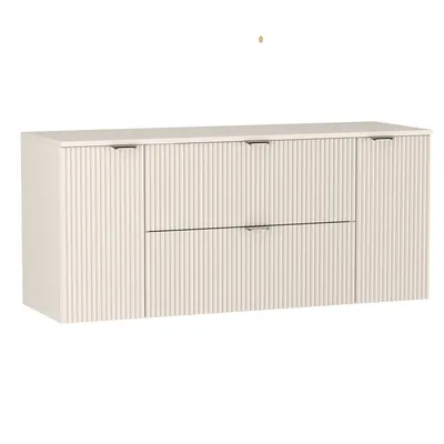 A product shot of a cream-colored vanity with fluted fronts and gold handles against a white background.